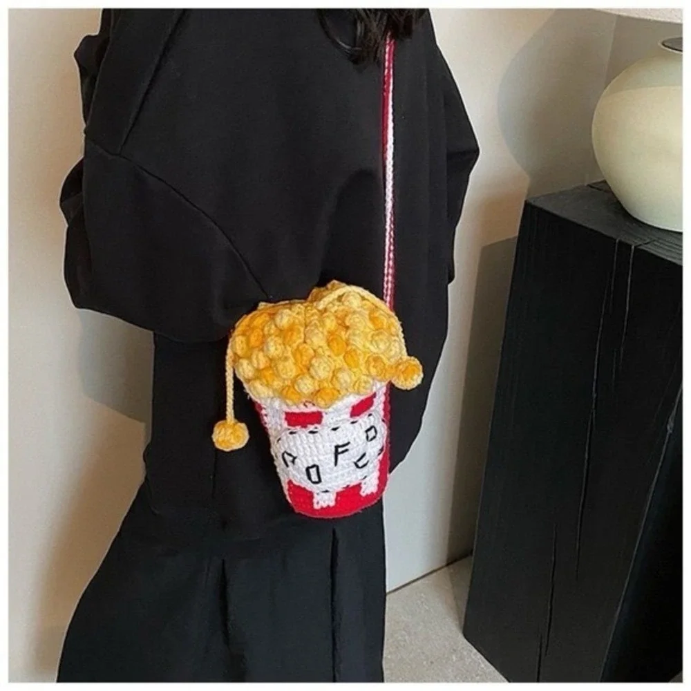 Handmade Crochet Popcorn Bag Knit Shoulder Purse‎ Red White Yellow Unique Gift